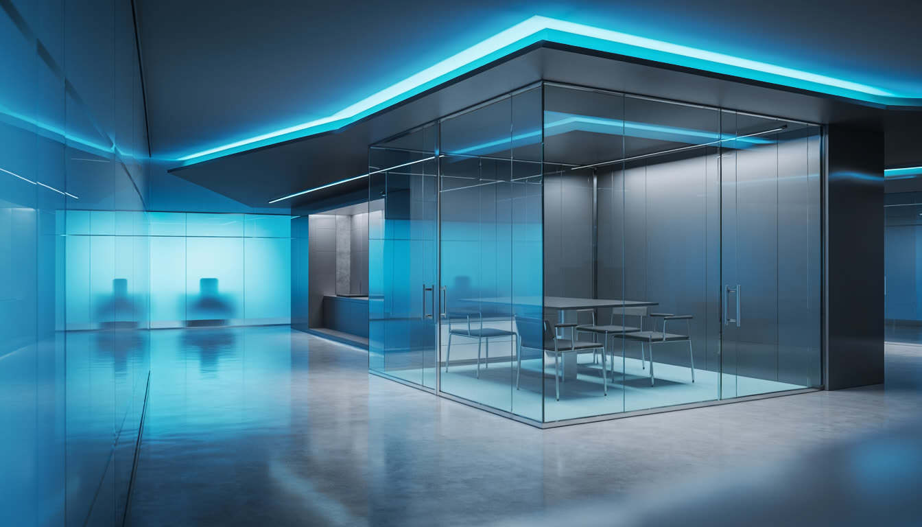 Sleek modern glass office interior lit in blue