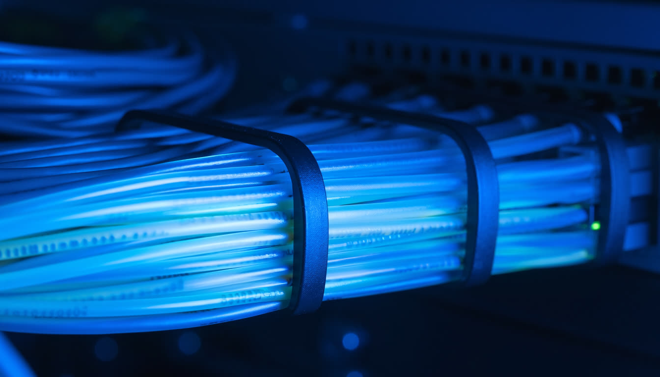 Neatly bundled glowing blue network cabling