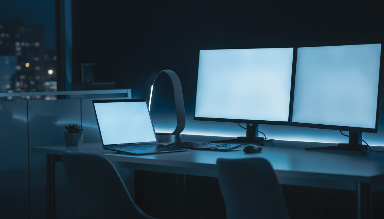 A modern senior-engineer workstation lit in blue at night